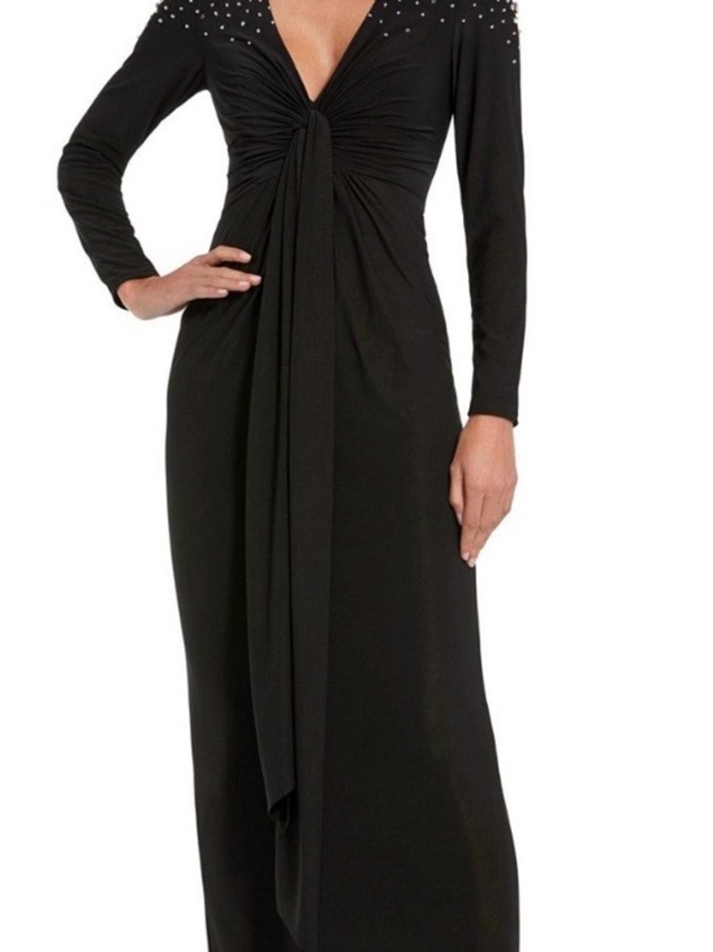 Mac duggal  Elegant Black Long-Sleeve Evening Dress with Studded Shoulders